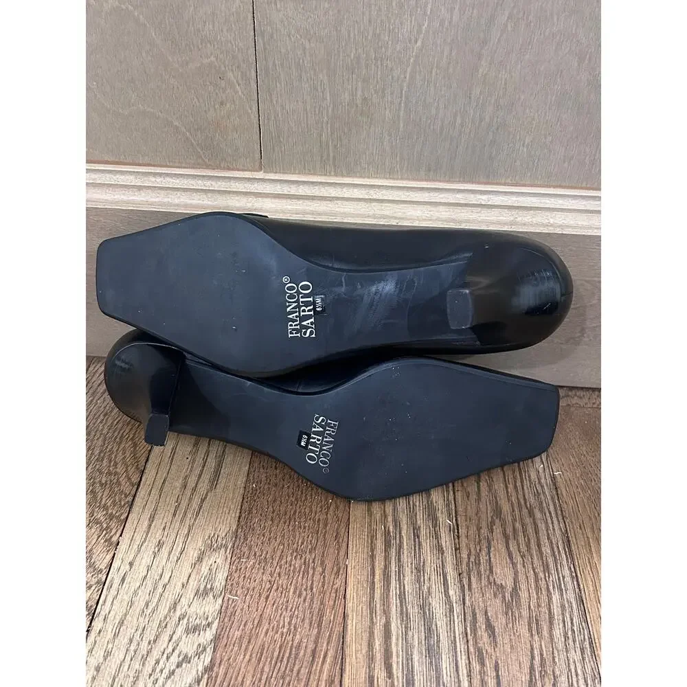 Franco Sarto Black Leather Heeled Loafers Pumps 6.5 Square Toe Preppy Y2K Office